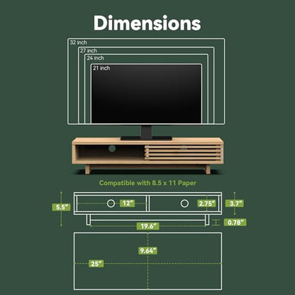 25" Monitor Stand with Sliding Doors Desk Shelf Bamboo | Computer Monitor Riser Shelf for 47-55 Inch Desk Aesthetic Workplace Computer Setup Desktop Organizer Easy Assembly