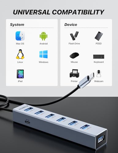 USB C HUB,7 Port USB C to USB Hub,Aluminum Alloy USB 3.0 Data Port | 5Gbps USB Splitter Compatible for Laptop, MacBook, iPad, Surface Pro, XPS