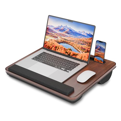HETTHI Portable Lap Desk, Laptop Stand for Bed with Soft Wrist Rest, Tablet/Phone Slot, Fabric Handle, Laptop Bed Table with Cushion (Dark Brown) - color: Dark Browns, size: Medium 15.55×12.79inch