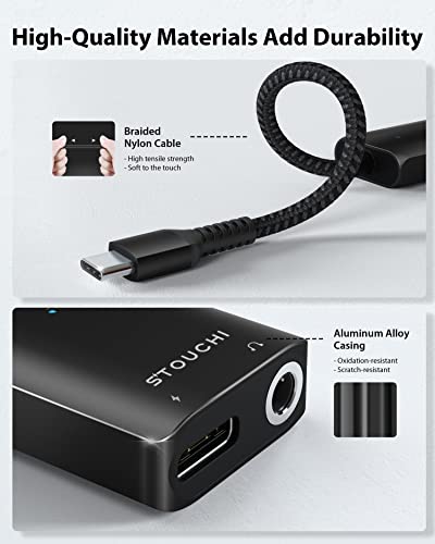 Stouchi USB C to 3.5mm Headphone and Charger Adapter, 2 in 1 USB-C to Aux Audio Jack with 30W Safe Fast Charging Hi-res DAC for iPhone 17/16 /15, Pixel 9/8 /7/6, iPad,Galaxy S25 S24 S23 Ultra (Black) - color: Black