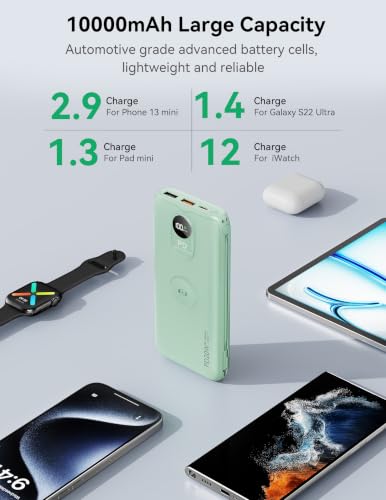 Portable Charger 10000mAh 20W, Wall Plug, 2 Cables, iWatch Charging | Digital Display, Compact Lightweight, USB C Fast Charge, USB-A 18W, Multi Protection, Travel Essential, for iPhone 17 16, Pad - color: Natural Green