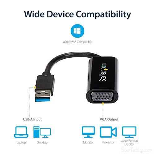 StarTech USB 3.0 to VGA Adapter, Slim, Windows Only, TAA (USB32VGAES) | USB to VGA monitor converter, External video card, Single display, Connect up to five adapters, Windows only, Extra monitor