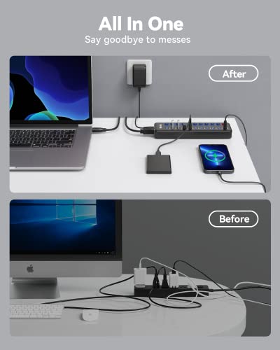 Powered USB Hub, Wenter 11-Port USB Splitter Hub (10 Faster Data Transfer Ports+ 1 Smart Charging Port) with Individual LED On/Off Switches, USB Hub 3.0 Powered with Power Adapter for Mac, PC - size: Plastic 10+1 Powered USB Hub