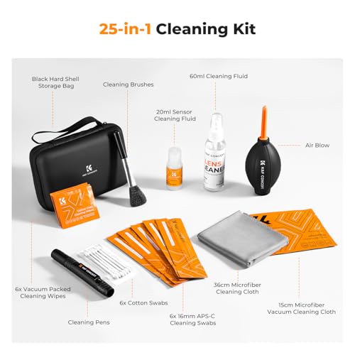 K&F CONCEPT 25 in 1 Camera Pro Cleaning Kit, APS-C Lens and Sensor Cleaner | 16mm Vac-Sealed Swabs,Lens Pen,60 and 20ML Lens Cleaner,Cloth,Blower,Hard Case, for Canon Nikon Sony DSLR Mirrorless,MK03 - size: 16mm