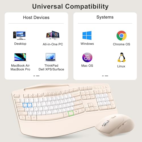 Wireless Keyboard and Mouse Combo, 2.4G Full Size Wave Keys Ergonomic Keyboard with Wrist Rest, Phone Holder, 3-Level DPI Wireless Silent Mouse with 6-Buttons, for Windows (Milk Tea-B) - color: Milk Tea-B