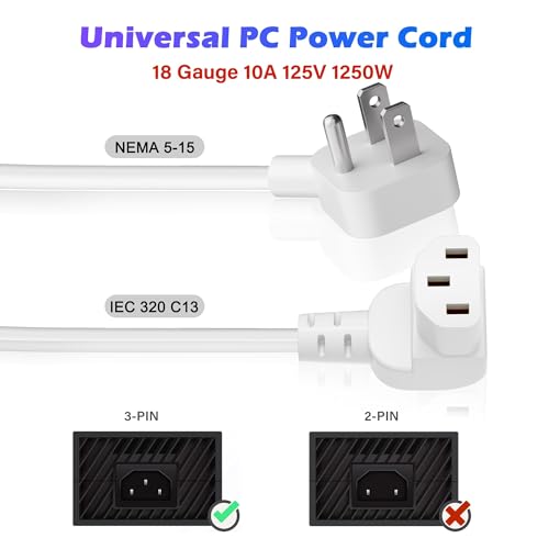Adoreen 15 Ft Computer TV Replacement Power Cord White, Low Profile Flat Plug to 90 Degree Angled L-Shaped 18AWG 3-Prong AC Universal Power Supply Cable for Printer, PC, Monitor TV LCD, ETL+Ties - size: 15FT, style: Angled to Angled