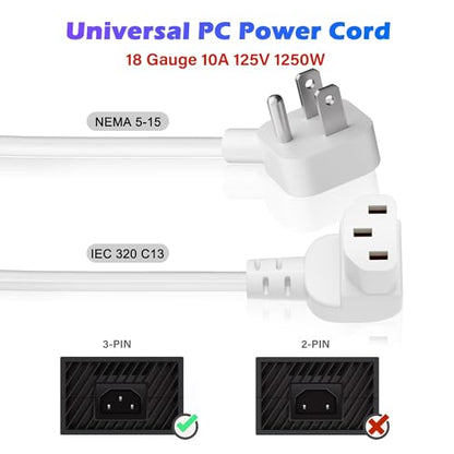Adoreen 15 Ft Computer TV Replacement Power Cord White, Low Profile Flat Plug to 90 Degree Angled L-Shaped 18AWG 3-Prong AC Universal Power Supply Cable for Printer, PC, Monitor TV LCD, ETL+Ties - size: 15FT, style: Angled to Angled