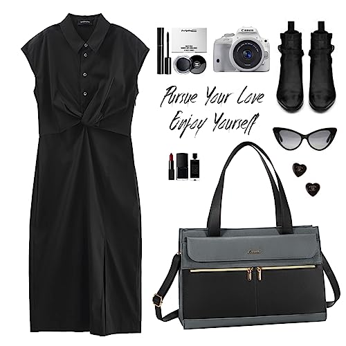 LOVEVOOK Laptop Tote for Women - 15.6 Inch Professional Leather Computer Briefcase - Waterproof Shoulder Bag - Large Capacity Business Teacher Office Bag - Crossbody Purse - color: 1# Black/Iron Gray, size: 15.6 Inch
