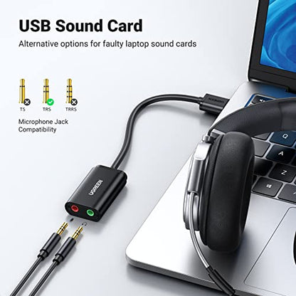 UGREEN Headphone Splitter 3.5mm 2 Female to 1 Male Mic and Audio Y Splitter TRRS Headset Adapter Bundle USB to Audio Jack Sound Card Adapter with Dual TRS 3-Pole Headphone and Microphone