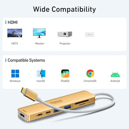 USB C Hub HDMI Adapter for MacBook Pro/Air, 7 in 1 USBC Dongle with HDMI, microSD/SD Card Reader, USB C Data Port,100W PD, and 2 USB 3.0 Compatible for MacBook Pro/Air, Dell XPS, Lenovo Thinkpad. - color: Gold