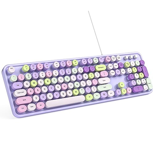 MOWUX Computer Keyboard Wired, Plug and Play USB Retro Round Typewriter Keyboard, Full Size Wired Keyboard with Foldable Stands for Laptop and Office PC- Purple Colorful - color: Purple Colorful