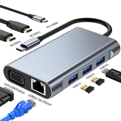 USB C to Dual HDMI Docking Station, Type C Multiport Adapter with Dual HDMI(4K@30Hz),1080P VGA,RJ45,100W PD, USB3.0,2 USB2.0, 8 in 1 Hub for Dell HP MacBook Laptop (8 in 1 2HDMI+VGA) - size: 8 in 1 2HDMI+VGA