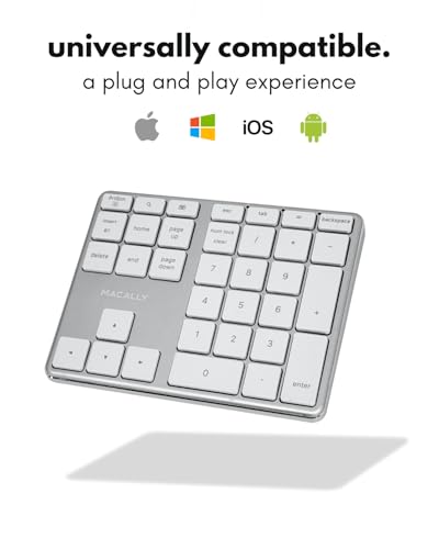 Macally Bluetooth Number Pad for Laptop - Rechargeable Wireless Numeric Keypad - Slim 35 Key Wireless Number Pad Keyboard for Data Entry, 10 Key Numpad Compatible with Mac, MacBook, iPad, PC, Windows - color: Silver