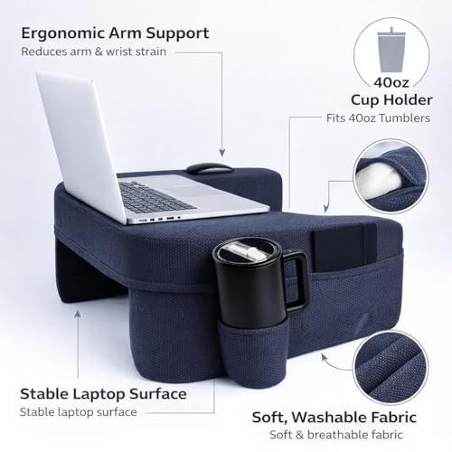 Lap Desk Pillow with 40oz Tumbler, Ergonomic Portable Laptop Desk Cushion for Bed with Arm Support, Gaming Pillow, Reading Pillow Arms, Lap Tray Cushion, Tablet & Laptop Lap Table Workstation