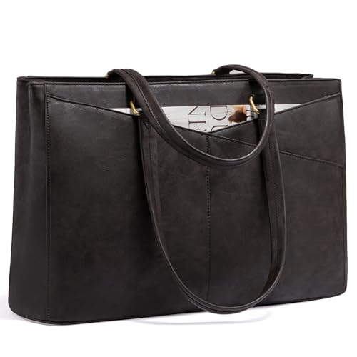 LOVEVOOK Laptop Bag for Women,15.6 Inch Laptop Tote Bag for Women,Vintage Leather Work Tote Bags Computer Business Teacher Bag,Waterproof Office Briefcase - color: Black Coffee, size: 15.6 inch