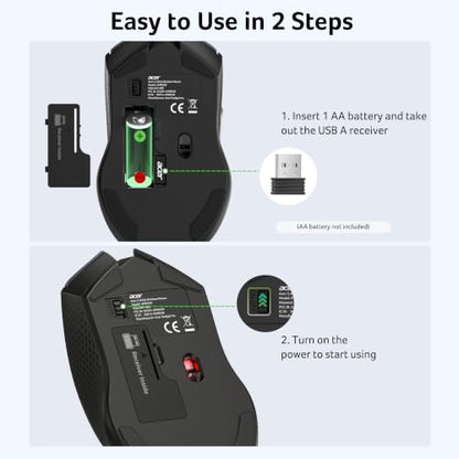 acer Wireless Mouse for Laptop, 2.4GHz Computer Mouse 5 Adjustable DPI Office Cordless USB Mice with USBA Receiver, 6 Buttons, 4000 DPI, Medium to Large Sized Hands Compatible with PC, Laptop, Desktop