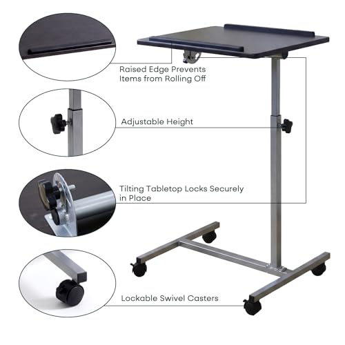 Overbed Bedside Table with Wheels, Rolling Desk Adjustable Height | Height 24-38" Rolling Bedside Table for Bed Sofa Hospital Home Office, Anti-Slip Edge, Lockable Casters, Dark Walnut