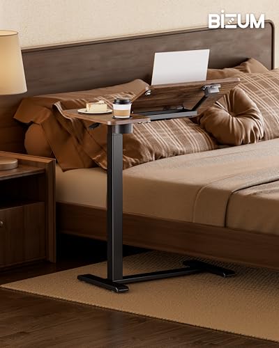 BZIUM Overbed Bedside Table with Hidden Wheels, Adjustable Medical Tilt Top Hospital Bed Table Over The Bed, Rolling Desk Mobile Standing Desk (27.6x15.8, Walnut)