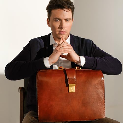 Time Resistance Leather Lawyer Briefcase - Italian Handmade Laptop Briefcase for Men and Women - Attache Case - Doctor Bag - color: Cognac