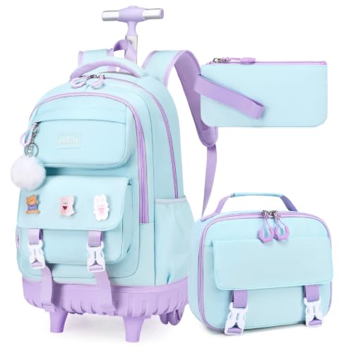 DIGOBAY Rolling Backpack for Girls, Roller Bag with Lunch Box Pencil case | Kawaii Girls Roller Backpack With Wheels School Bookbag With Cute Pins for Elementary Middle School, Aquamarine Purple - color: Aquamarine-purple