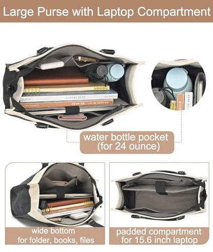 Laptop Tote Bag for Women 15.6 Inch, Large Work Bag with 10 Pockets - color: Black