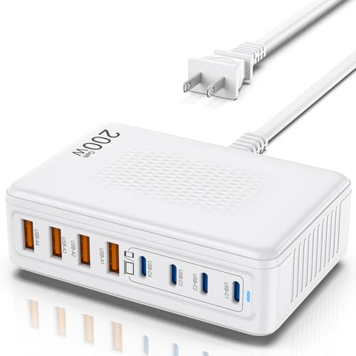 200W GaN 8-Port USB C Charging Station, PD 65W Multi-Device Charger | Fast charging for laptops, smartphones and tablets with compact design and organized desktop setup. - color: White