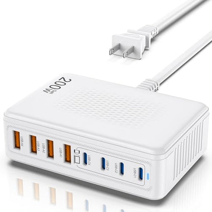 200W GaN 8-Port USB C Charging Station, PD 65W Multi-Device Charger | Fast charging for laptops, smartphones and tablets with compact design and organized desktop setup. - color: White