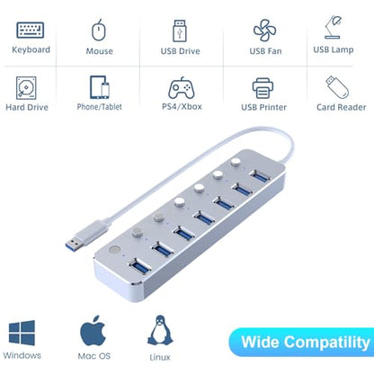 USB 3.0 Hub 7 Port USB Hub with 2ft Long Cable Aluminum USB Hub for Laptop and PC with Individual On/Off Switch and LED Indicator - color: Silver