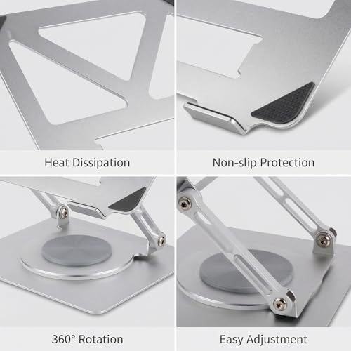 360 Rotating Aluminum Laptop Stand, Adjustable & Foldable Ergonomic Computer Stand, Compatible with MacBook, iPad, Dell, HP up to 16 Inches for Home & Office, Silver - color: Silver