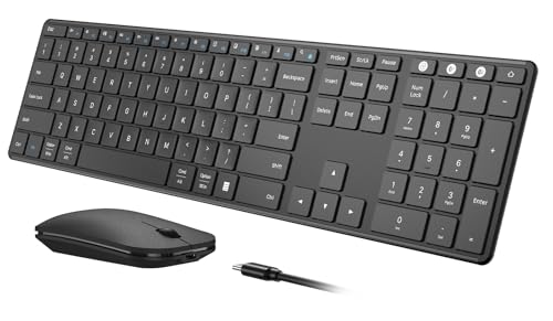 seenda SKM64-3 Wireless Bluetooth Keyboard Mouse Combo for Windows and Mac | USB and dual Bluetooth multi-device switching, quiet, rechargeable, full-size slim set for PC, MacBook, iPad, Black - color: Black