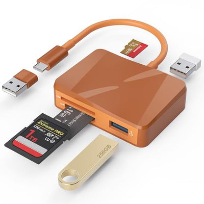 SD Card Reader, 5 in 1 USB-C & USB Card Adapter with SD/MicroSD/MS and Dual USB-A Ports Memory Card Reader for iPhone 17/16/15 Pro Max iPad MacBook Pro/Air M4/M3 Android Phone/Tablet PC (Terracotta) - color: Terracotta