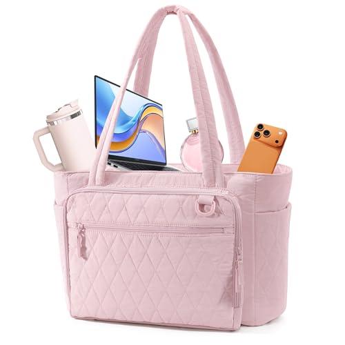 Yarwo Puffy Tote Bag for Women with Accordion File Pocket & Laptop Sleeve | Lightweight Quilted Teacher Nurse Shoulder Bag, 15.6 in Laptop Work Handbag, Cup Holder, for Daily, Travel, Gym - color: Pink