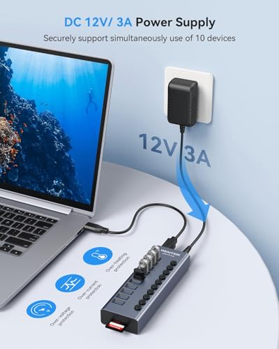 Powered USB 3.0 Hub, Wenter 10 Ports 36W Powered USB Hub, Aluminum USB Splitter with Individual On/Off Switches, SD/TF Card Readers and 12V/3A Power Adapter for PC/Laptops/MacBook Pro/Air/iMac/iPad - size: Aluminum 10 Ports
