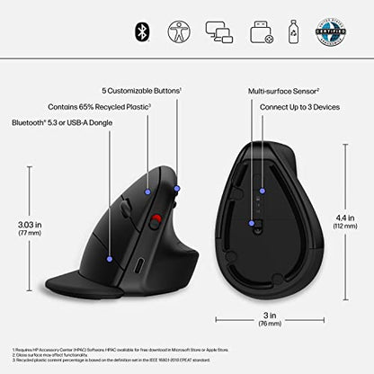 HP 920 Ergonomic Vertical Mouse Wireless Bluetooth 5.3 & USB Dongle, 5 Programmable Buttons, 16 Week Battery, Multi-Device, Multi-OS - style: Vertical Ergo