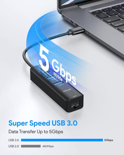 USB to Ethernet Adapter, ABLEWE 3 Ports USB 3.0 Hub with RJ45 1Gbps Gigabit Ethernet Adapter, for MacBook Air 2017, iMac, XPS, Surface Pro, Linux, Chromebook, Notebook and More - Black - color: Black