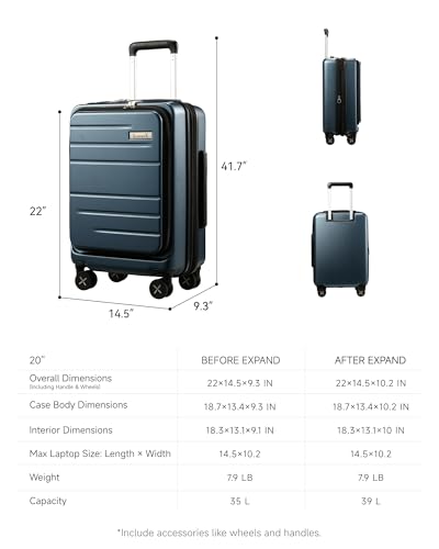 LUGGEX Carry On Front Pocket Suitcase, 22x14x9 Airline Approved, Blue, 20" | Carry On Luggage, 22x14x9 Airline Approved, Front Opening, Front Pocket, TSA Lock, Spinner Wheels - color: Blue, size: Carry-On 20-Inch