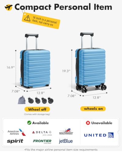 Lekesky 16 Inch Underseat Carry On Luggage Airline Approved, Lake blue | Durable ABS, Small Underseat Carry-on Luggage with TSA Lock Spinner Wheels, Personal Item Luggage Removable Wheels for Travel - color: Lake blue, size: 16 Inch