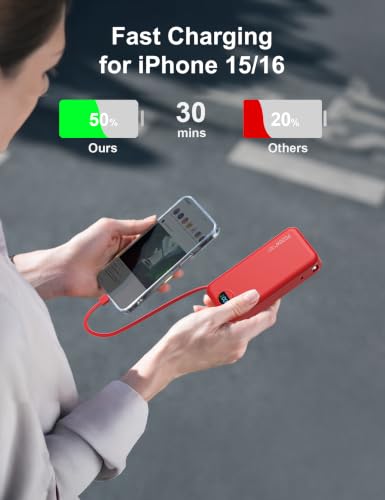 20000mAh Ultra Portable Charger Power Bank with inBuilt Cables&AC Wall Plug | PD20W USB-C Fast Charging Cell Phone Charger Battery Pack,LED Display Travel Battery Bank for All iPhone,Samsung,Android - color: Red-20Ah