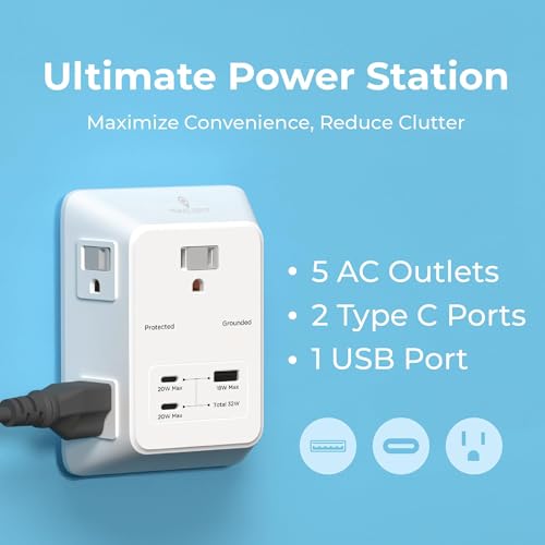 PD USB Wall Charger Surge Protector, 5 Outlet, (White) | Extender 2 USB C & 1 USBA Charging Ports, Fast Charge 3 Sided Power Strip Multi Plug Outlets Wall Adapter for Home Office - color: White