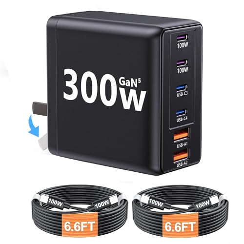 300W USB C Laptop Charger with 2 USB Cables 6Port Dual 100W Charging Block | GaN5 Super Fast Type C Power Adapter for MacBook Pro/Air, iPhone, iPad (Black) - color: Black