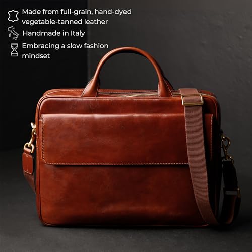 Time Resistance Leather Briefcase - Italian Handmade Leather Laptop Bag - Handbag for Men - Professional Computer Case - color: Cognac Brown