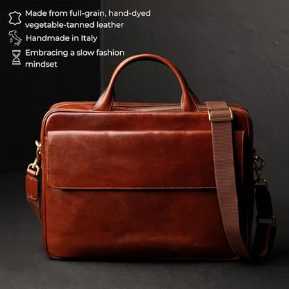 Time Resistance Leather Briefcase - Italian Handmade Leather Laptop Bag - Handbag for Men - Professional Computer Case - color: Cognac Brown