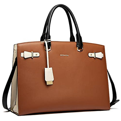 BOSTANTEN Genuine Leather Briefcase for Women 15.6'' Laptop Work Tote Bag | Laptop Compartment, Spacious Interior, Structured, Professional Style, Detachable Shoulder Strap, Office, Business, Commute - color: C-brown