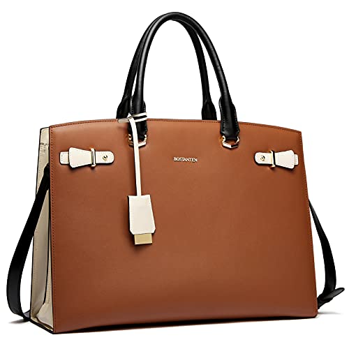 BOSTANTEN Genuine Leather Briefcase for Women 15.6'' Laptop Work Tote Bag | Laptop Compartment, Spacious Interior, Structured, Professional Style, Detachable Shoulder Strap, Office, Business, Commute - color: C-brown