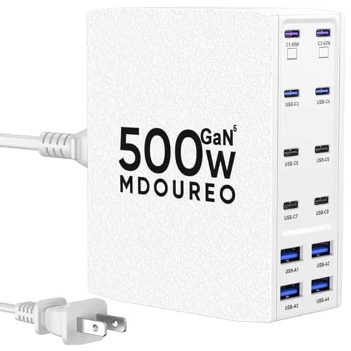 500W USB C Charger Block, 12-Port USB C Charging Station for Multiple Devices, Leather Texture Dual PD 65W Laptop Fast Charger Compatible with MacBook Pro/Air, iPad, iPhone,Galaxy and More, White - color: White, size: 5 feet