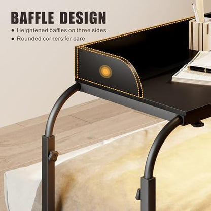 HWB Over Bed Desk with LED Light, Wheels & Charging Station, Black | Auto-sensor 3 Color LED light, Adjustable height, Smooth rolling wheels - color: Black