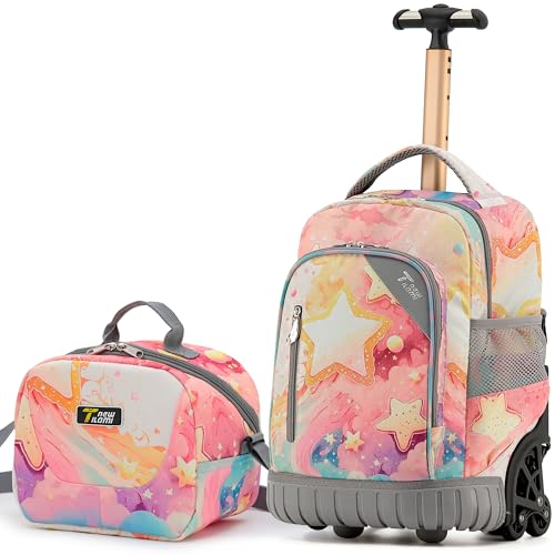NEW TILAMI 16 Inch Rolling Backpack with Lunch Bag for Girls Boys School | 6-Wheel Stair-Climbing Girls Boys Carry-on Suitcase Water-Resistant Adjustable Trolley Handle Wheels School Travel Camping - color: Starry Rainbow