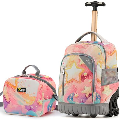 NEW TILAMI 16 Inch Rolling Backpack with Lunch Bag for Girls Boys School | 6-Wheel Stair-Climbing Girls Boys Carry-on Suitcase Water-Resistant Adjustable Trolley Handle Wheels School Travel Camping - color: Starry Rainbow