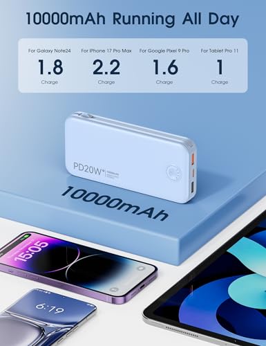 Nusyddy Portable Charger 10000mAh Fast Charging w/Built-in Wall Plug Blue | PD20W Fast Charging, LED Indicator, Pass Through Charging, TSA Approved, Compact/Slim, Power Bank for iPhone/iPad/Samsung - color: Cerulean