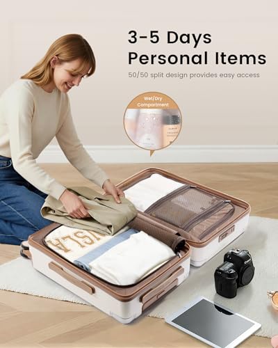 LOVEVOOK Hardside Carry On Luggage 22x14x9 Airline Approved, Small Suitcase | 20 Inch Hard Shell with 3 Multiple Handles, Silent 360° Spinner Wheels With TSA Lock for Trip - color: White&Brown